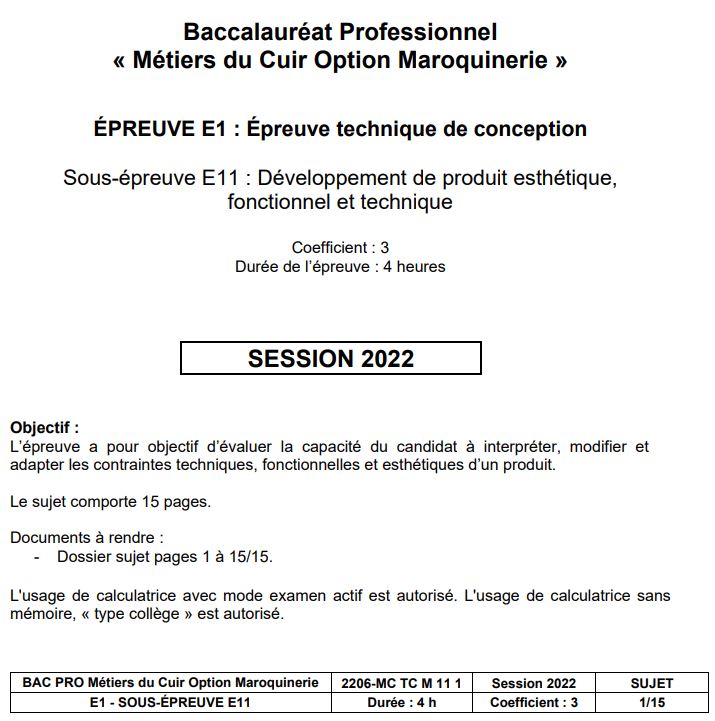 E11 - Bac Pro Métiers du cuir-Maroquinerie – 2022 - éduscol STI
