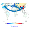Représentation des flux de marchandises à travers le monde, convertis en mégatonnes de dioxyde de carbone