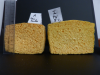 Comparaison des tailles de l’éponge A (eau seule) et de l’éponge I (produit vaisselle à 5%) après séchage